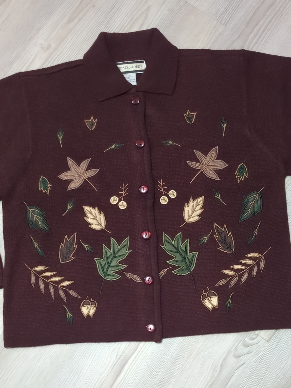 Vintage Crystal-Kobe XL Fall Leaves Embroidered Cardigan Burgundy